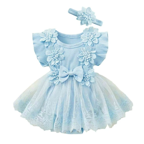 Baby Dress Baby Girls' Floral Romper with Bow Solid Color One Piece Jumpsuit with Snap Closure Girls Skirt Blue 6 Months-12 Months