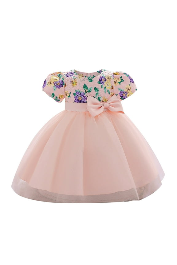 Baby Dress Short Sleeve Bowknot Mesh Festival Christening Pageant Dress Dresses Girls Pink 3 Months-6 Months