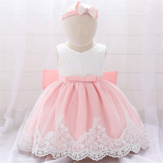 Baby Dress Kids Baby Girls Pageant Baptism Lace Dress with Bowknot Flower Girls Formal Dress Wedding Christening Gown Girls Dress Pink 3 Months-6 Months