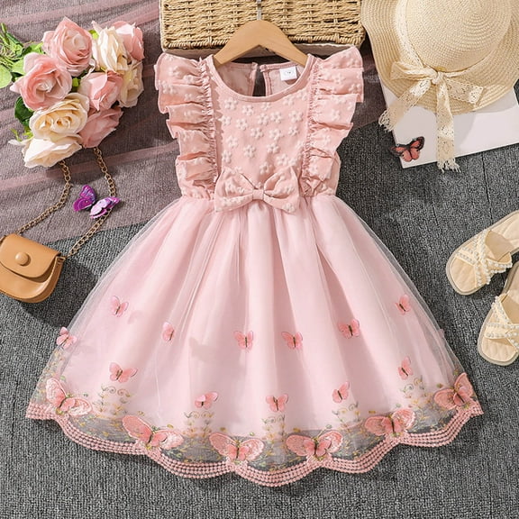 Baby Dress Kids Baby Girls Summer Butterfly Embroidered Flutter Sleeve Dress Fashion Princess Dresses Dresses for Girls Red 3 Years-4 Years