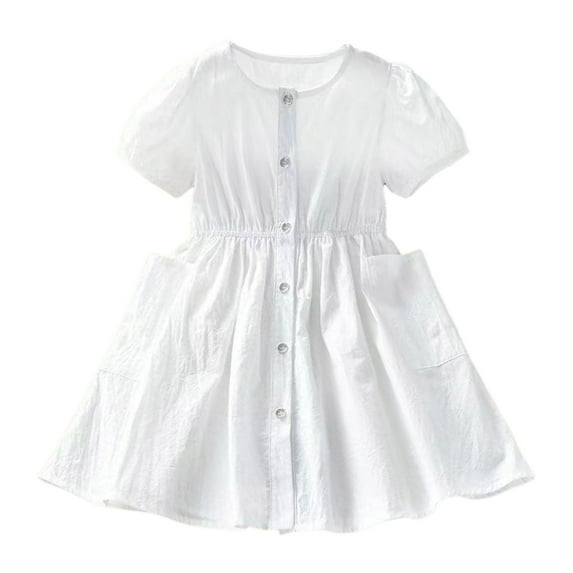 Baby Dress Kids Summer Short Sleeve Solid Color Buttons Cardigan Shirt Dress Dresses for Girls White 1-2Years