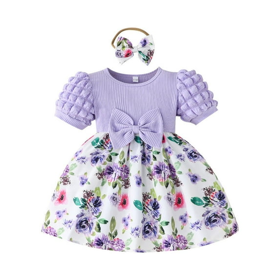 Baby Dress New Floral Dress With Bow Headscarf Spring Summer 2 Piece Set Girl Dresses Purple 6 Months-9 Months