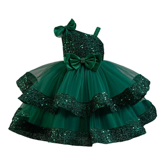 Baby Dress Party Performance Stylish Sleeveless Sequin Mesh Princess Dress Girls Dresses Dark Green 18-24Months