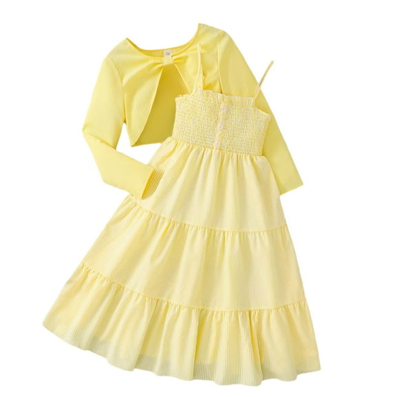 Baby Dress Teen Kids Girls Spring Summer Floral Print Long Dress with Long Sleeve Solid Cardigan 2 Piece Set Dresses for Girls Yellow 7 Years-8 Years