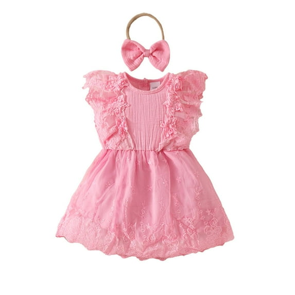 Baby Dress Toddler Baby Girls Summer Flutter Sleeve Holiday Party Mesh Princess Dress with Hairband Dresses for Girls Pink 18 Months-24 Months