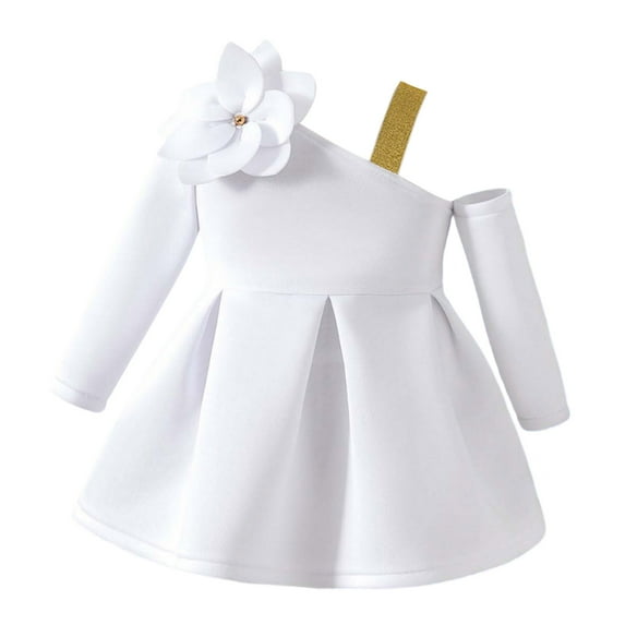 Baby Dress Toddler Kids Girls Off Shoulder Long Sleeves Dress Solid Color Lace Dresses with Bowknot Girls Skirt White 9 Months-12 Months
