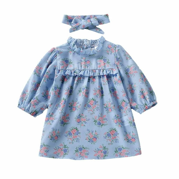 Baby Dresses 6-9 Months Infant Girls Floral Ruffle Hem Long Sleeve Fall Dresses with Hairband Button Up Fashion Outfits Blue 9-12 Months