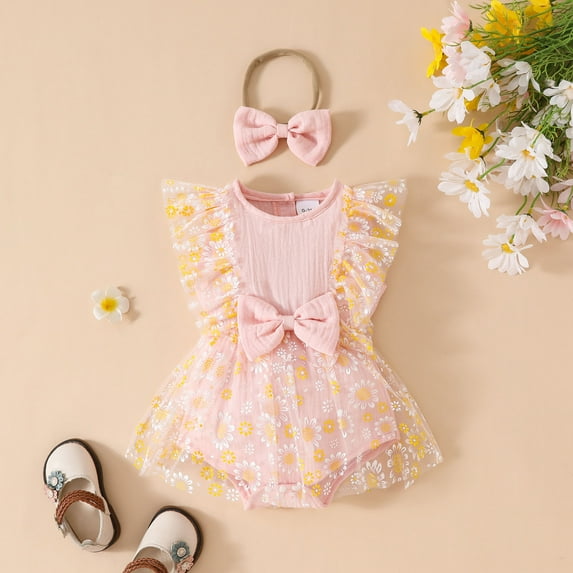 Baby Dresses Cute Pattern Embroider Girls Tutu Dress Romper Sleeveless Bodysuit Girls Birthday Dress Outfits Baby Girl for Baby Girl 9-12 Months