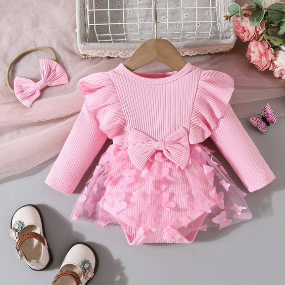 Baby Dresses Cute Pattern Embroider Tulle Romper Long Sleeve Bodysuit Girls Clothes Girls Outfits for Girls 0-3 Months