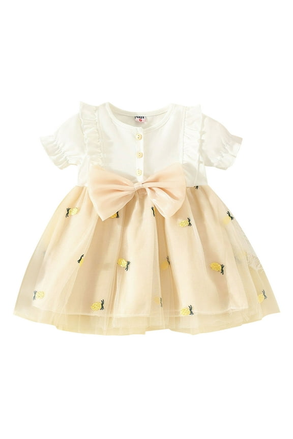 Baby Dresses Toddler Short Sleeve Bowknot Fruits Prints Dress Dance Party Dresses Clothes Baby Girl Dress White 6 Months-12 Months