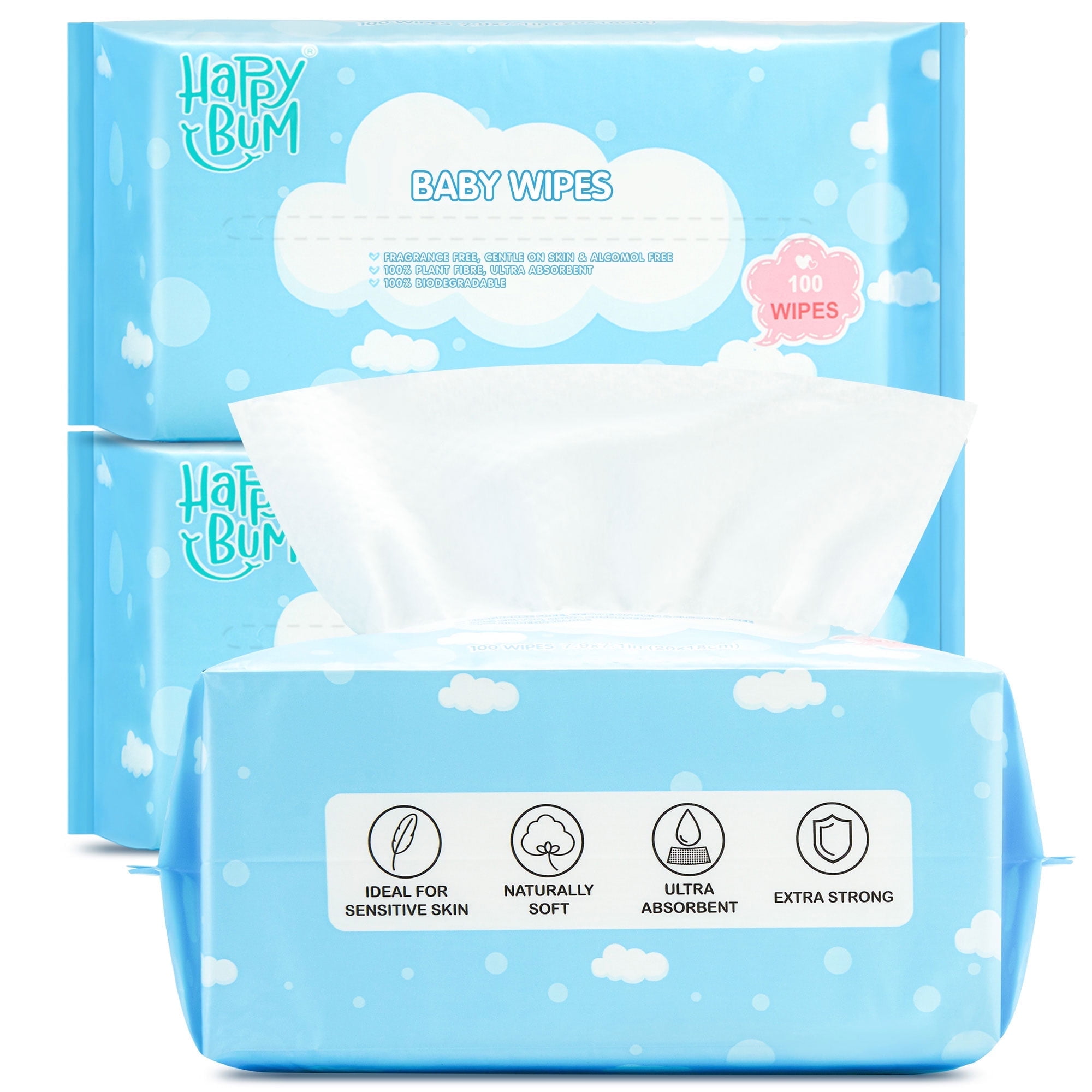 HAPPY BUM Baby Dry Wipes for Sensitive Skin, Plant-Based, Hypoallergenic, Biodegradable, 300 Counts