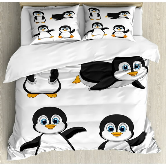 Baby Duvet Cover Set King Size, Cute Penguin Cartoon Waving Standing Sliding Smiling Animal Humor Antarctica, Decorative 3 Piece Bedding Set with 2 Pillow Shams, Black Blue Orange, by Ambesonne
