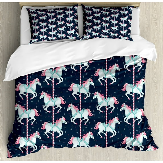 Baby Duvet Cover Set Queen Size, Carousel Horses Playthings Merry Go Round Joyful Circus Amusement Park, Decorative 3 Piece Bedding Set with 2 Pillow Shams, Indigo Pale Blue Pink, by Ambesonne
