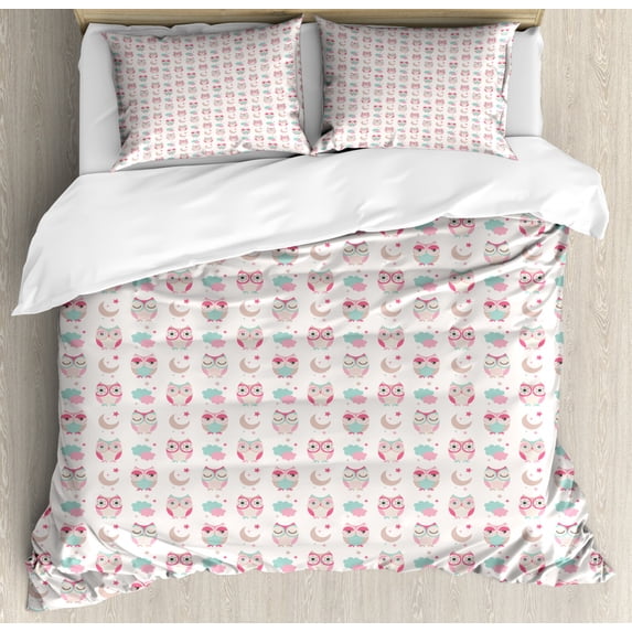 Baby Duvet Cover Set Queen Size, Owls in Night Time Crescent Moon Stars Sleepy Animals Funny Cartoon Pattern Art, Decorative 3 Piece Bedding Set with 2 Pillow Shams, Tan Pink Seafoam, by Ambesonne