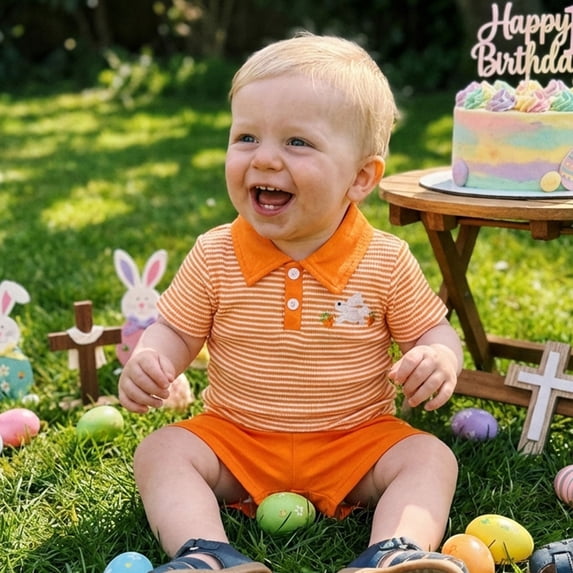 Baby Easter Outfit Girl Bunny Embroidery Striped Short Sleeve Top and Shorts 2Pcs Set Toddler Girl Outfits Orange 2-3 Years