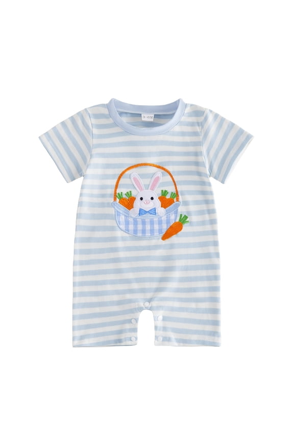 Baby Easter Outfit for Boy Girl Striped Rabbit Embroidered Short Sleeve Romper Baby Boy Clothes 12-18 Months