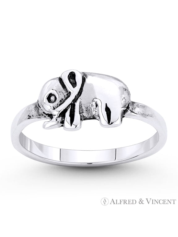 Baby Elephant Animal Charm Stackable Right-Hand Ring in Oxidized .925 Sterling Silver