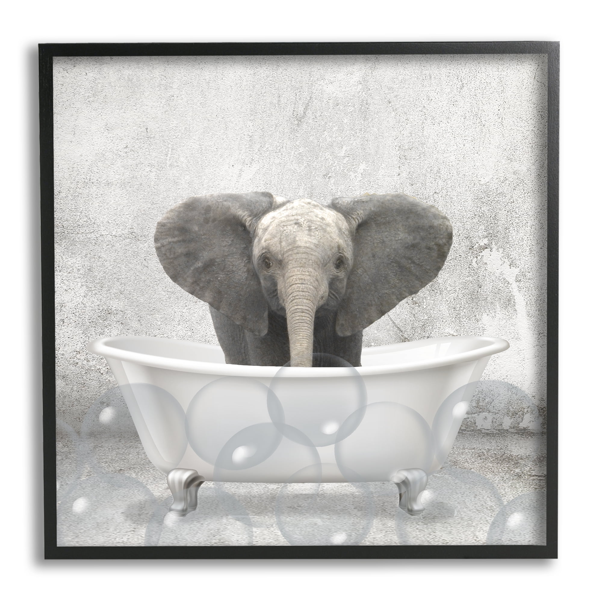 Baby Elephant Bath Time Cute Animal Design Animals & Insects Framed Art Print Wall Art, 17x17
