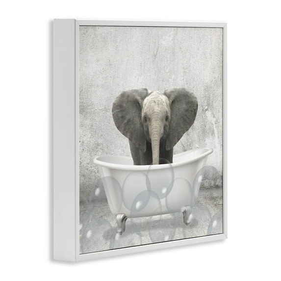 Baby Elephant Bath Time Cute Animal Design Animals & Insects Framed Art Print Wall Art, 17x17