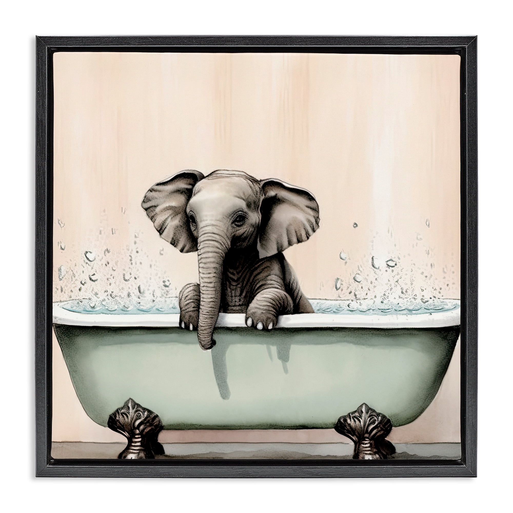 Baby Elephant Bathtime Black Framed Floater Canvas Wall Art, design by Sasha