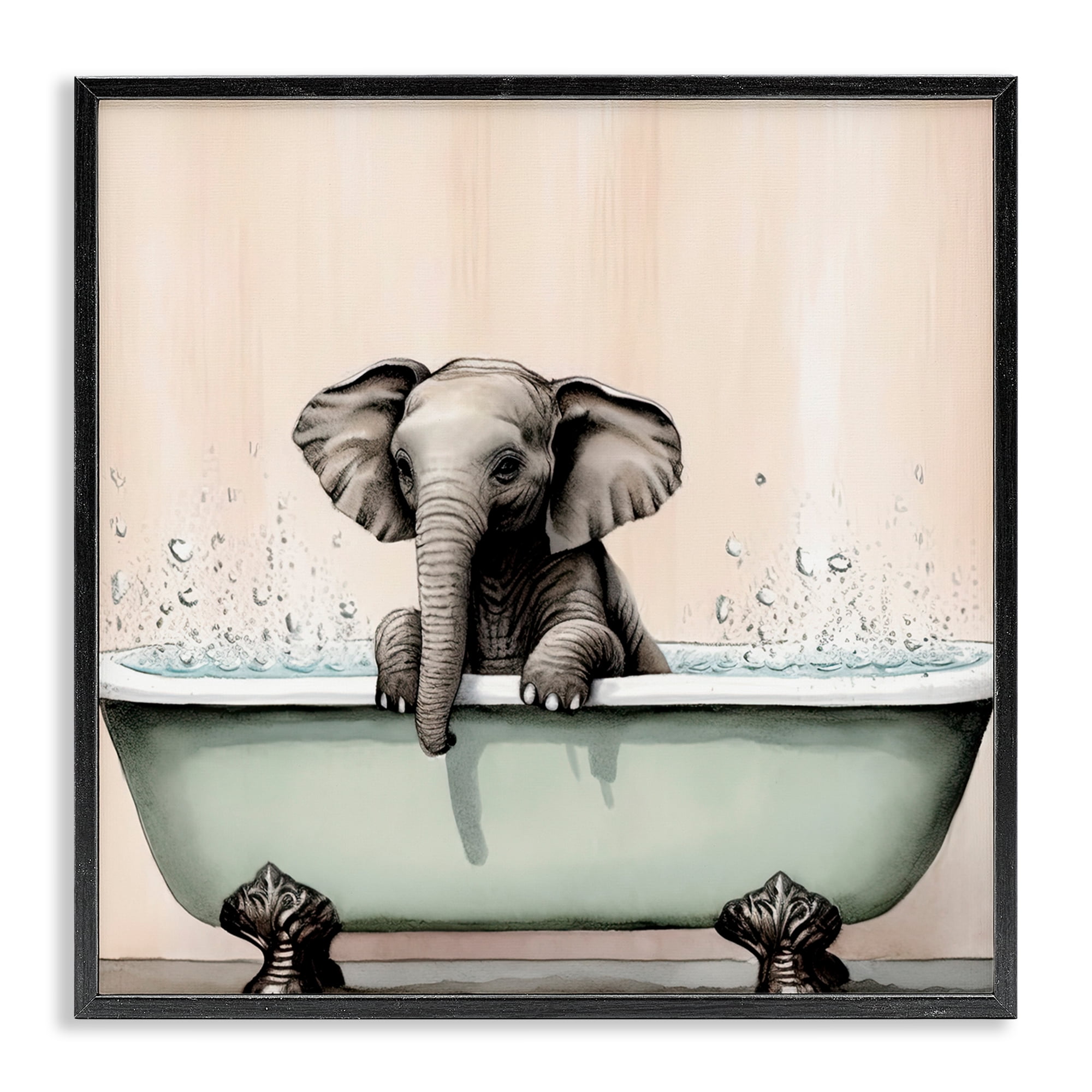 Baby Elephant Bathtime Black Framed Giclee Art, design by Sasha