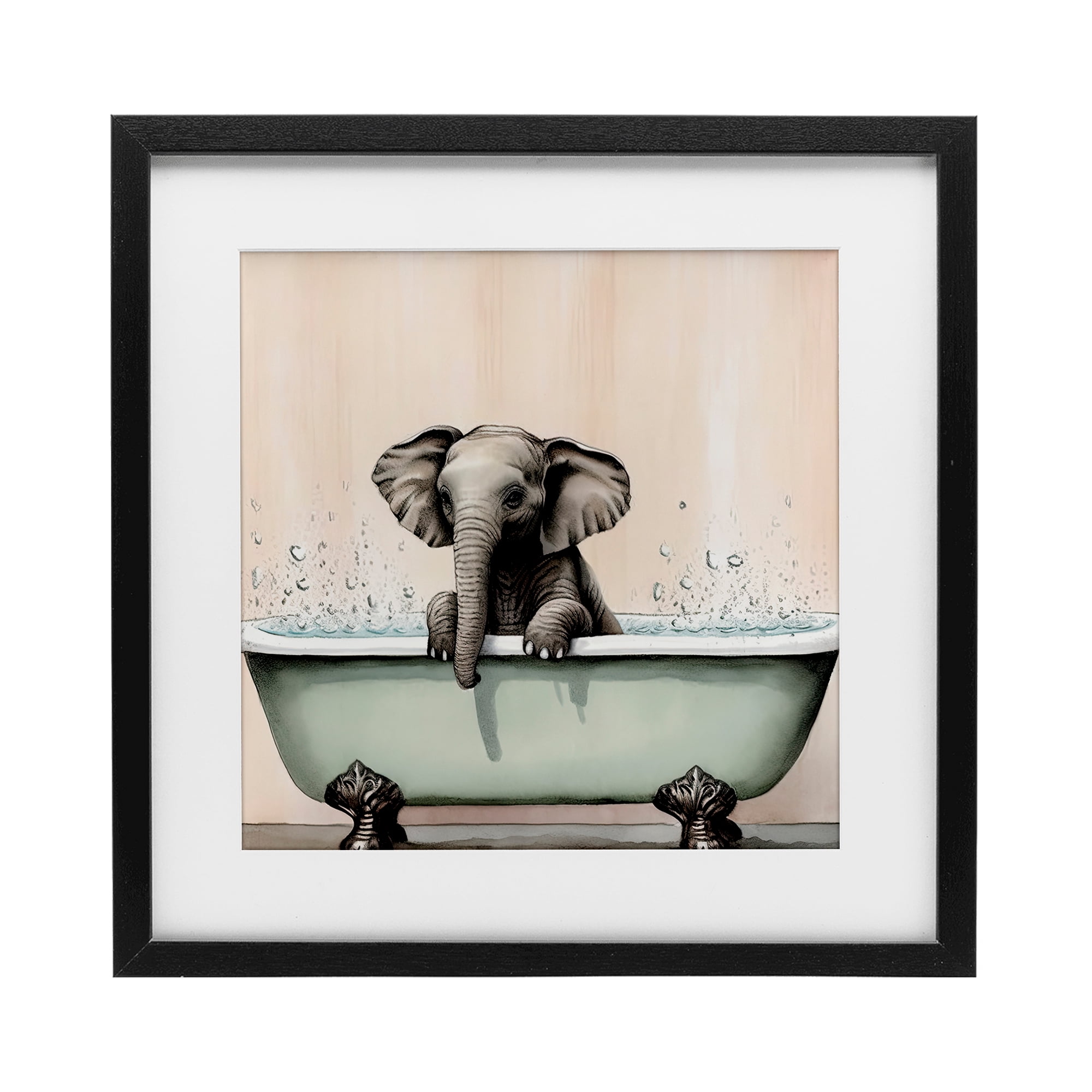 Baby Elephant Bathtime Black Framed Print Under Glass, design by Sasha