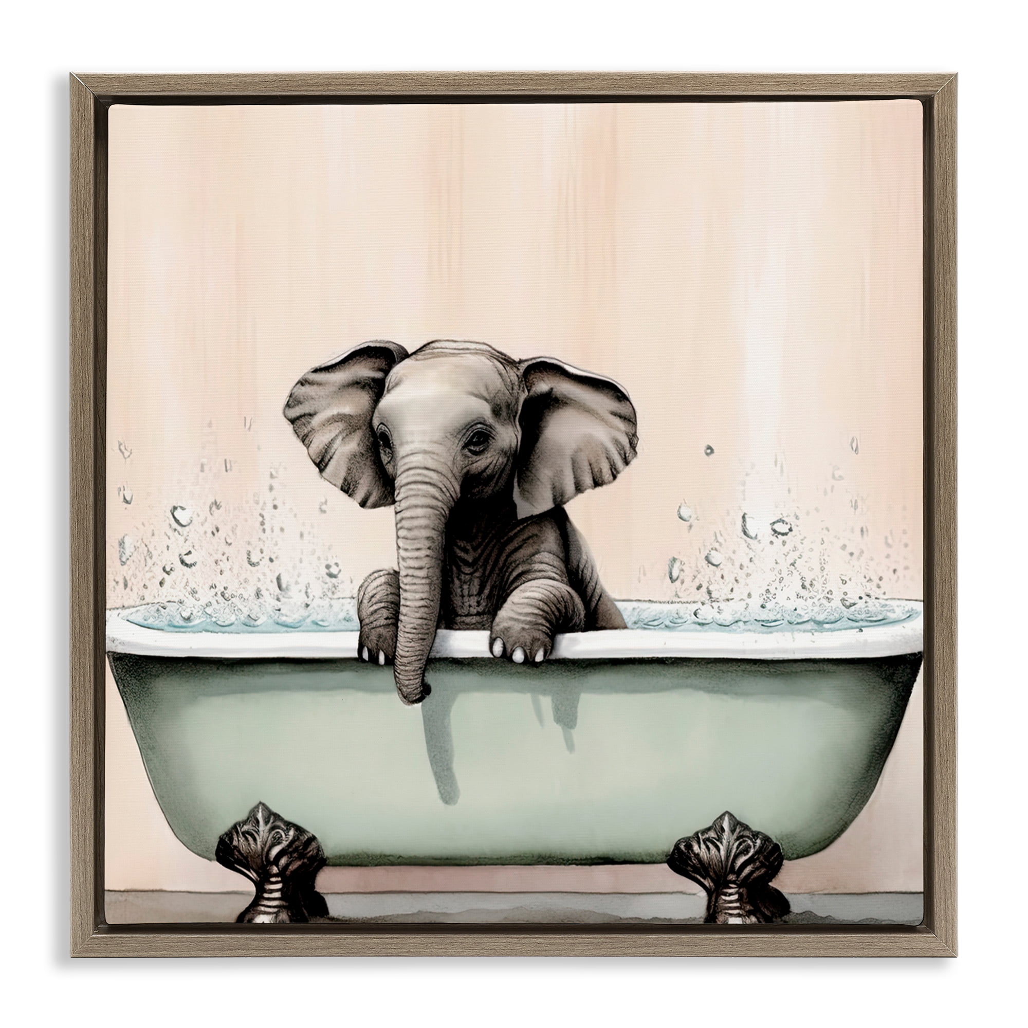 Baby Elephant Bathtime Brown Framed Floater Canvas Wall Art, design by Sasha