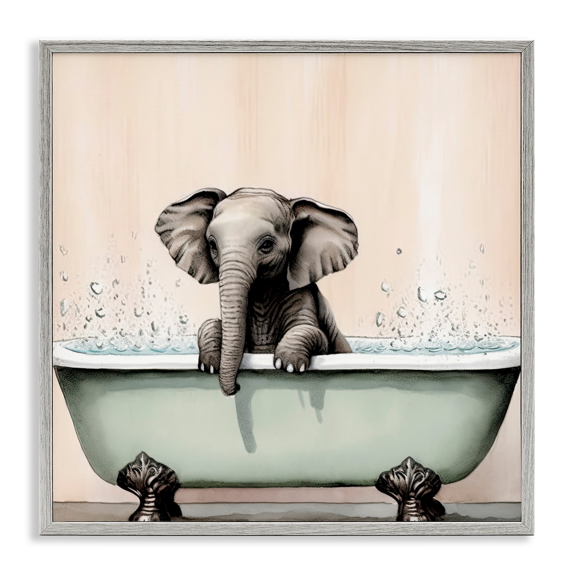 Baby Elephant Bathtime Gray Framed Giclee Art, design by Sasha