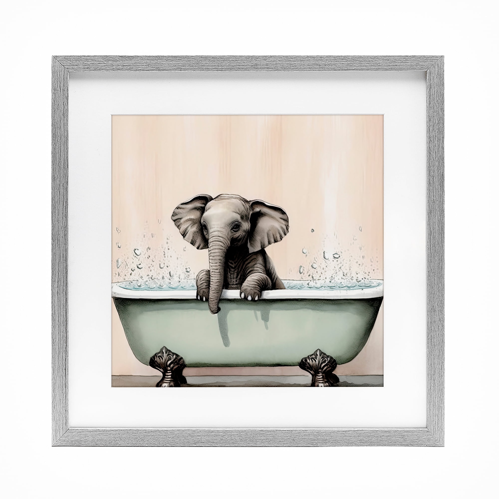 Baby Elephant Bathtime Gray Framed Print Under Glass, design by Sasha