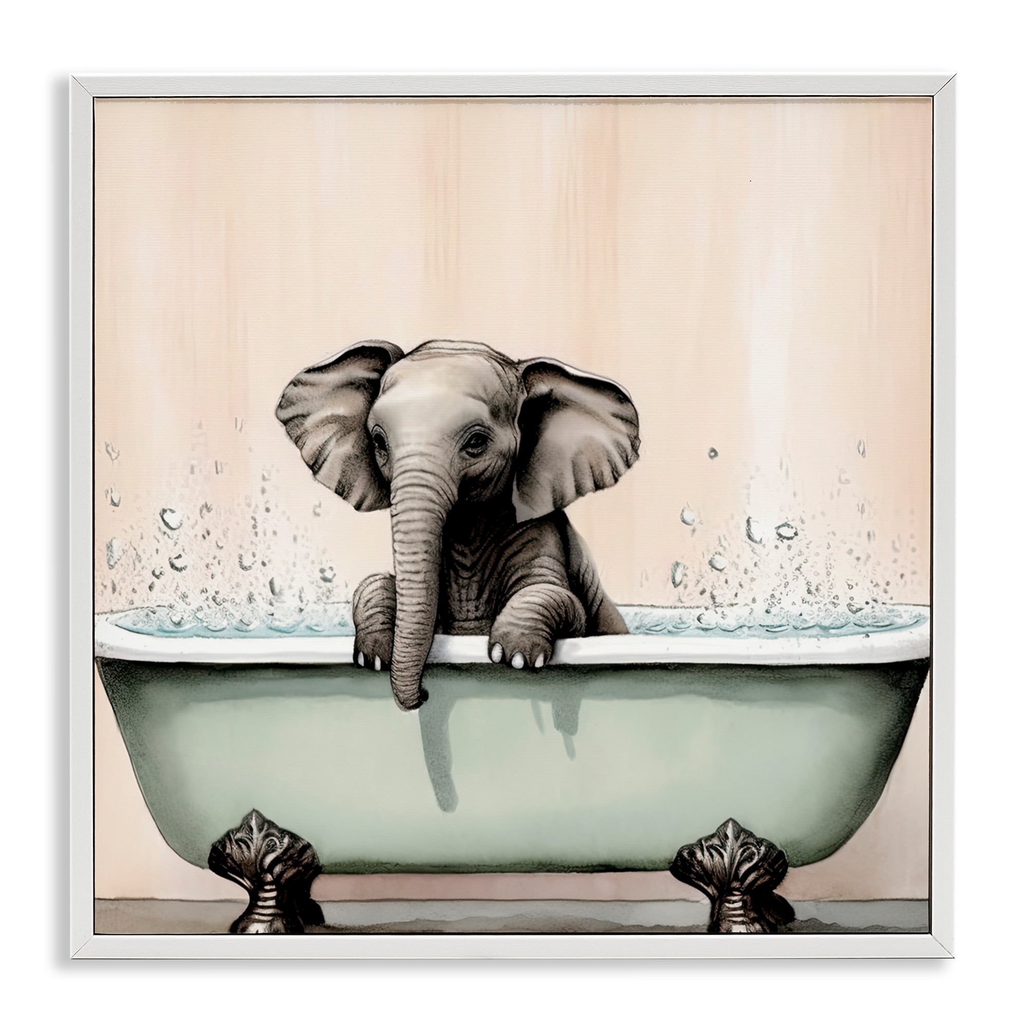 Baby Elephant Bathtime White Framed Giclee Art, design by Sasha