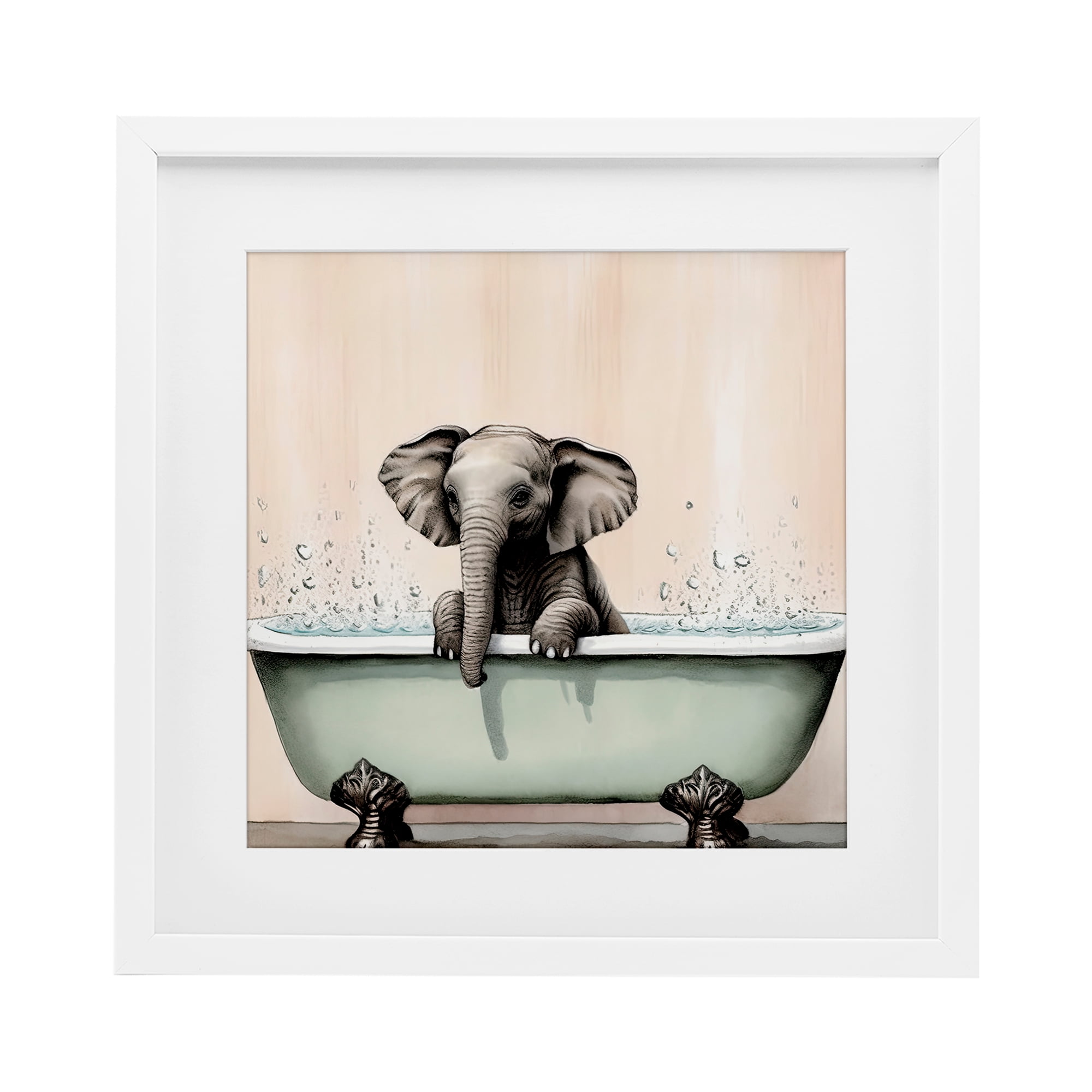 Baby Elephant Bathtime White Framed Print Under Glass, design by Sasha