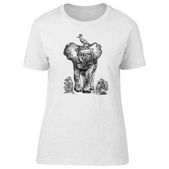Baby Elephant & Bird Sketch T-Shirt Women -Image by Shutterstock, Female XX-Large