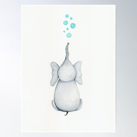 Baby Elephant Blows Blue Bubbles Poster Wall Art, Modern Wall Decor, 24x36 UNFRAMED