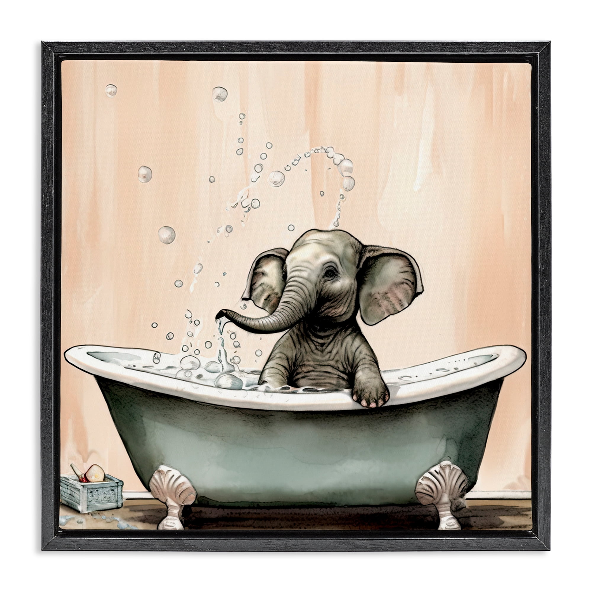 Baby Elephant Bubble Bath Black Framed Floater Canvas Wall Art, design by Sasha
