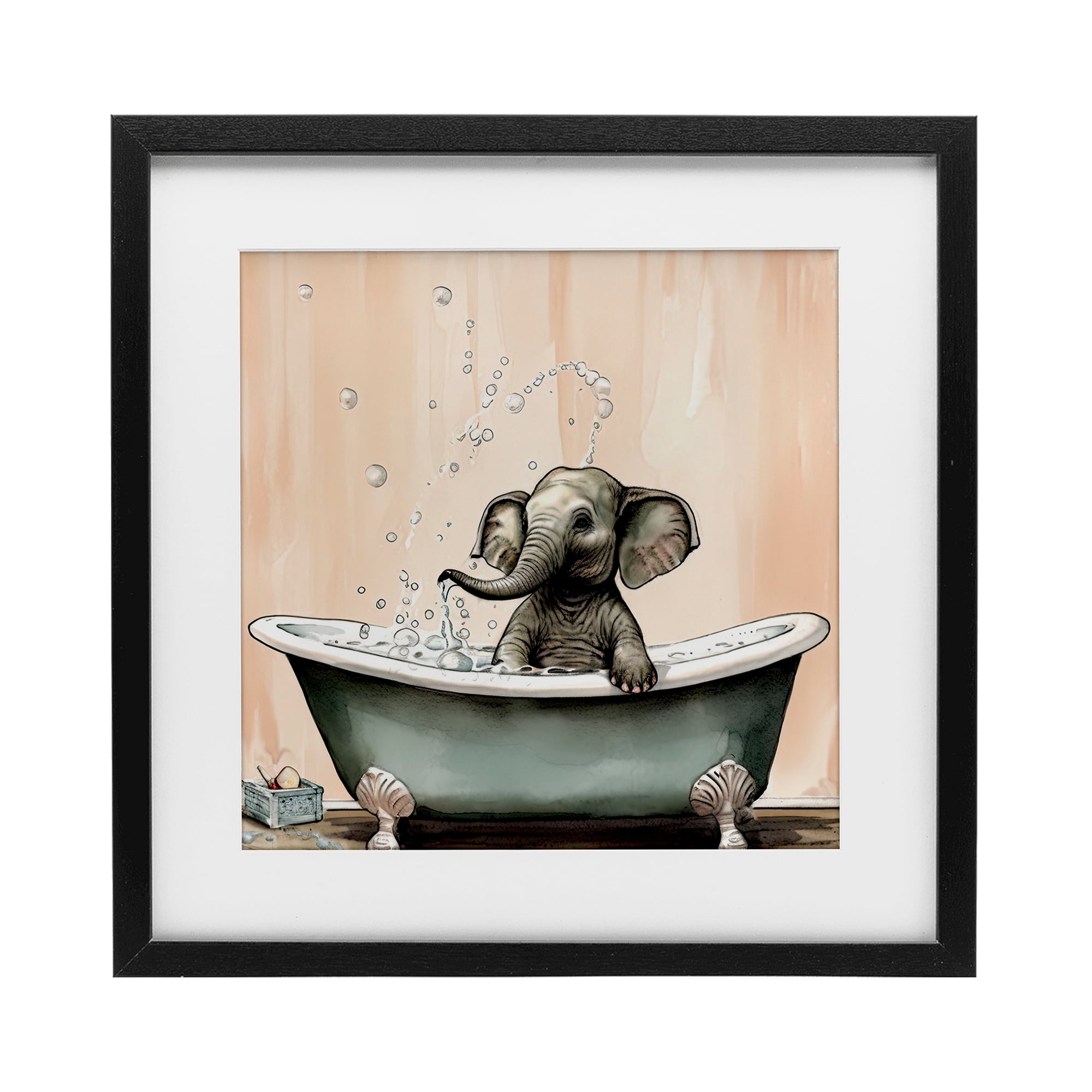 Baby Elephant Bubble Bath Black Framed Print Under Glass, design by Sasha