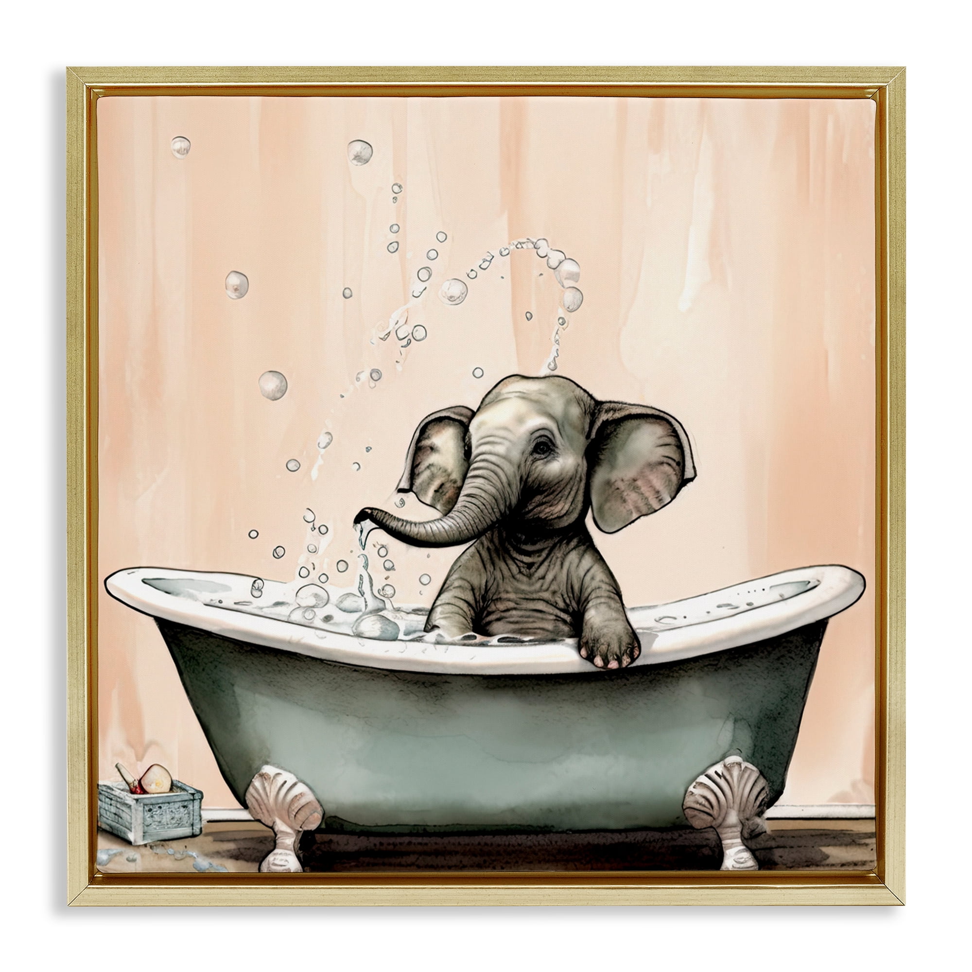 Baby Elephant Bubble Bath Gold Framed Floater Canvas Wall Art, design by Sasha