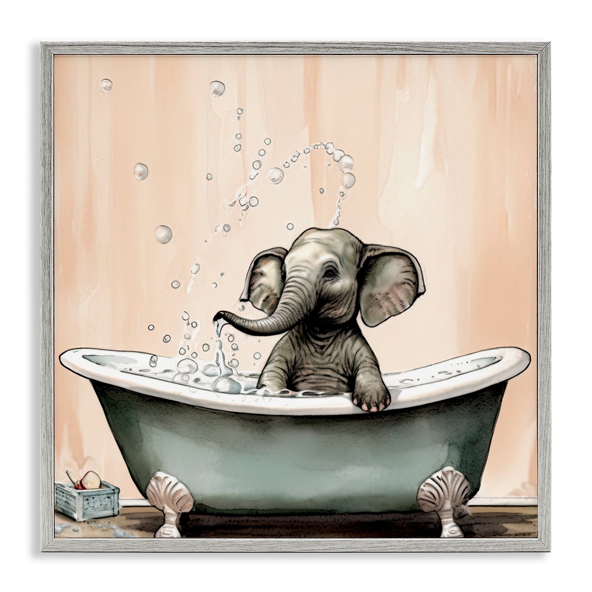 Baby Elephant Bubble Bath Gray Framed Giclee Art, design by Sasha