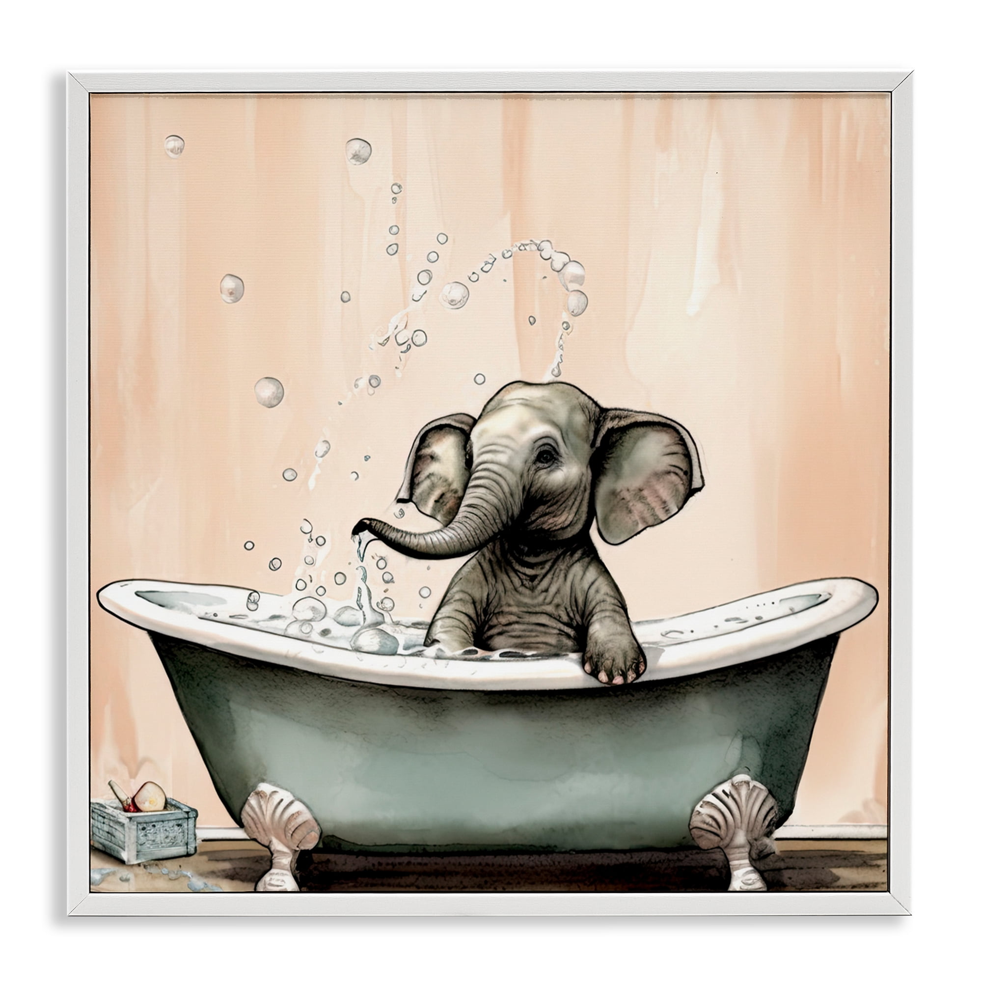 Baby Elephant Bubble Bath White Framed Giclee Art, design by Sasha