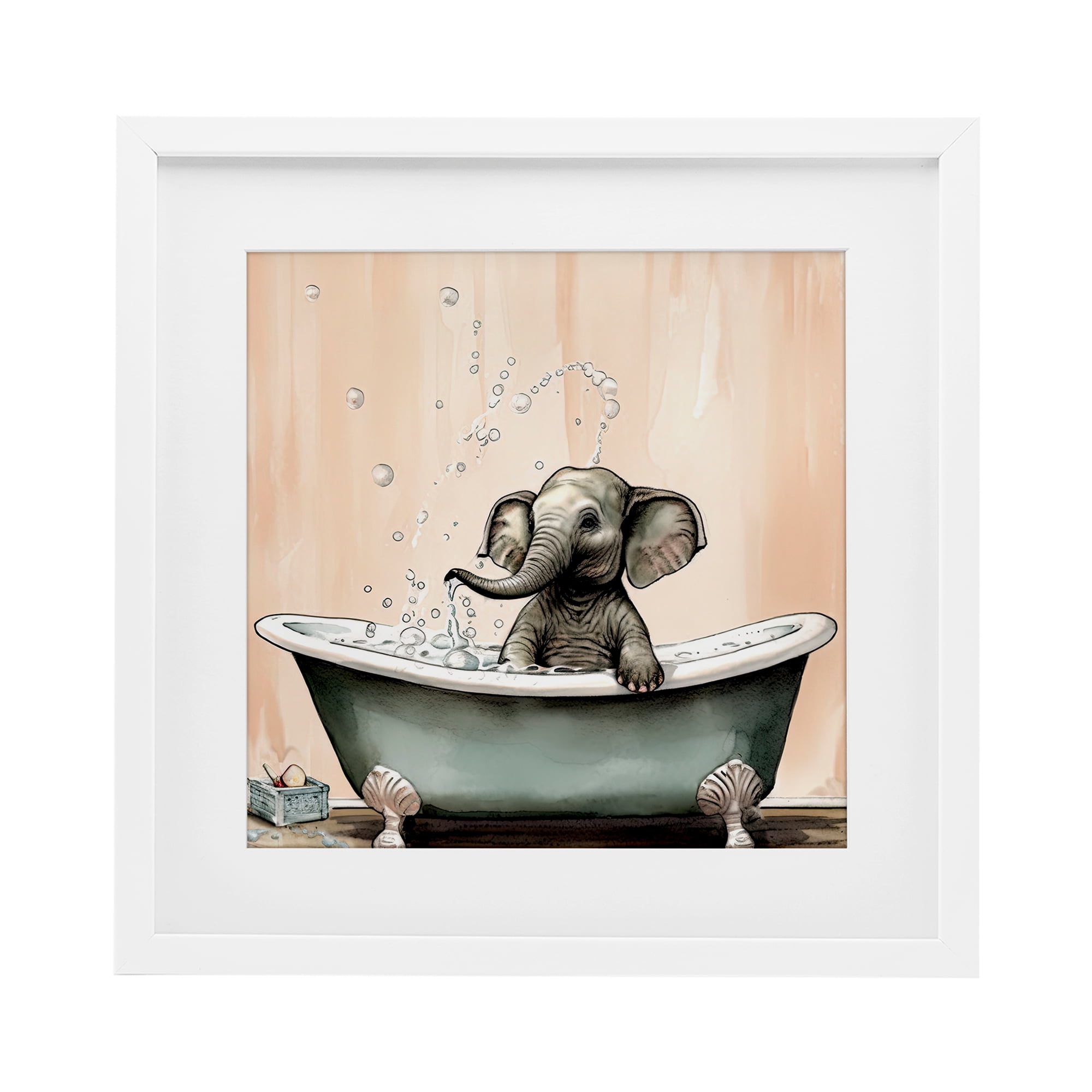 Baby Elephant Bubble Bath White Framed Print Under Glass, design by Sasha