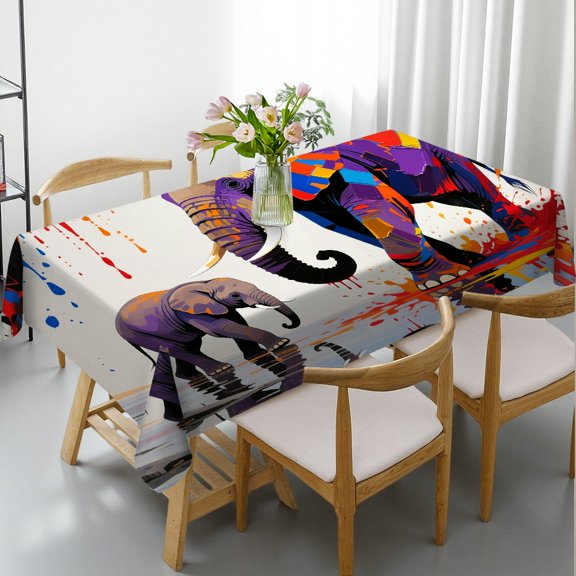 Baby Elephant Followed the Mother Abstract Animal Tablecloths for dining table, Holiday Party Tablecloth - Machine-Made Rectangular Tablecloth, Cafe, dinner, picnic, party