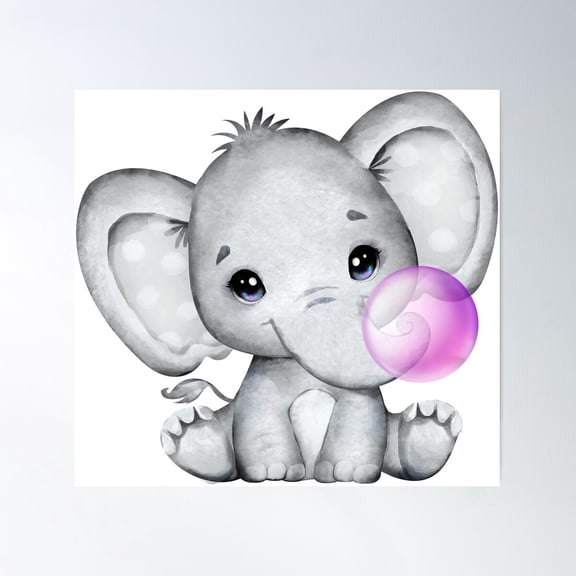 Baby Elephant Purple Bubble Gum Poster Wall Art, Modern Wall Decor For Living Room Bedroom, 16x24 UNFRAMED