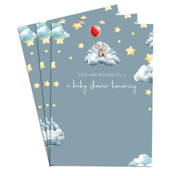 Baby Elephant in Cloud Elegant Baby Shower Invitations 25-Pack Cardtock Gender-Neutral Designs Perfect for Baby Boy Shower Theme 5x7 in