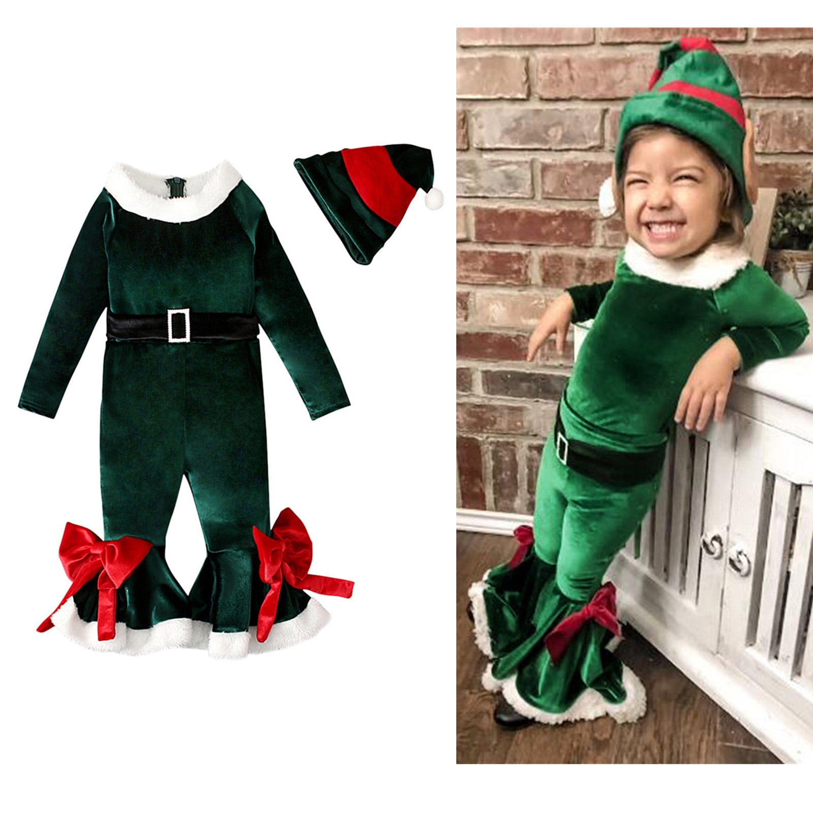 Baby Elf Outfit Long Sleeve Elf Rompers Jumpsuits Hat Set Party Dress ...