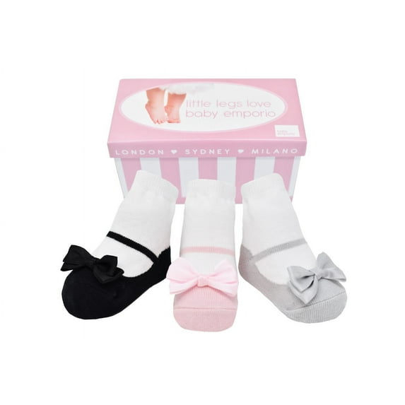 Baby Emporio- Baby girl socks that look like Mary Jane shoes-3 pr-cotton-satin bows-gift box-0-12 Months - LITTLE PRETTIES
