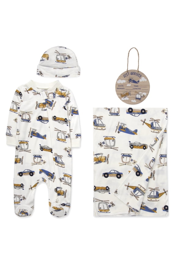 0 Months Newborn Boys Romper Footie Gift Set with Hat, Blanket & Wooden "Just Arrived" Announcement Sign in Aviator Airplanes