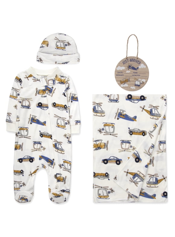 0 Months Newborn Boys Romper Footie Gift Set with Hat, Blanket & Wooden "Just Arrived" Announcement Sign in Aviator Airplanes