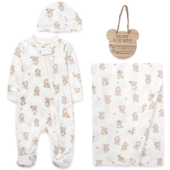 Baby Essentials 0 Months Newborn Boys Romper Footie Gift Set with Hat, Blanket & Wooden "Welcome to the World" Announcement Sign in Teddy Bear Brown