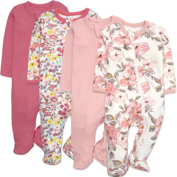 Baby Essentials Newborn Infant Girls 0 Months 4 Pack Footie Bodysuits