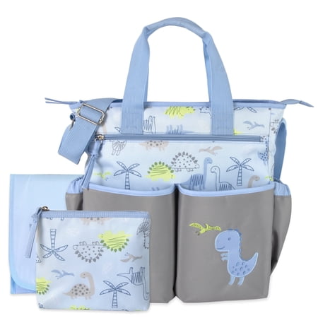 Baby Essentials 13.5”L 3 Piece Multi-Pocket Crossbody Diaper Bag Tote with Matching Changing Pad and Zippered Pacifier Pouch for Newborns, Infants & Toddlers in Blue & Gray Dinosaurs