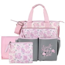 Baby Essentials 13.5”L 3 Piece Multi-Pocket Crossbody Diaper Bag Tote with Matching Changing Pad and Zippered Pacifier Pouch for Newborns, Infants & Toddlers in Pink & Gray Floral